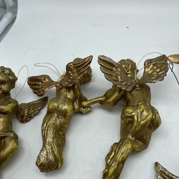 Vintage Cherub Gold Angel Ornaments Set of 8 Playing Instruments Painted Plastic - Picture 5 of 12